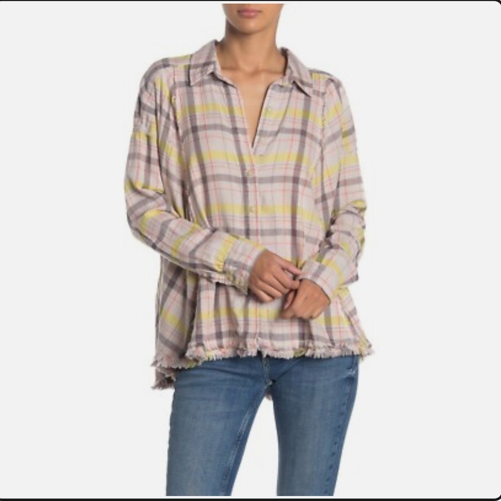 Free People Seeking Starlight Plaid Button Down Peach Yellow Moondrop S | H350